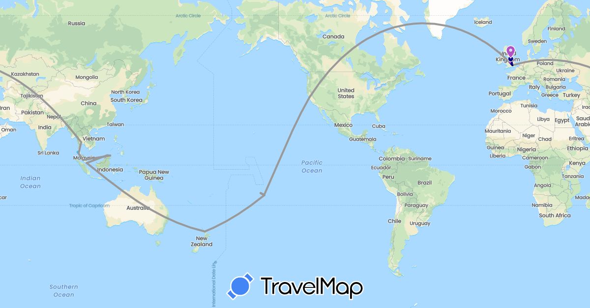 TravelMap itinerary: driving, plane, train, boat in United Kingdom, Malaysia, New Zealand, French Polynesia, Singapore, Thailand, United States (Asia, Europe, North America, Oceania)
